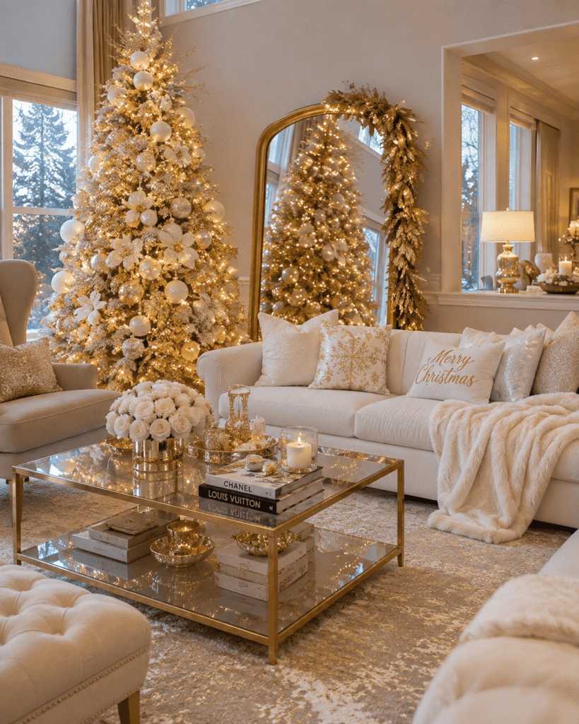 Elegant White & Gold Christmas Living Room